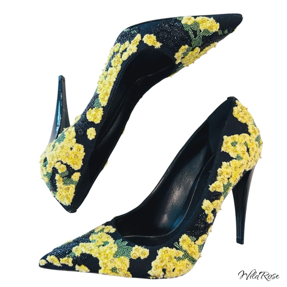 VALENTINO GARAVANI Floral Yellow Green Black Beaded & Embroidered Heels SZ 37 - Picture 8 of 17
